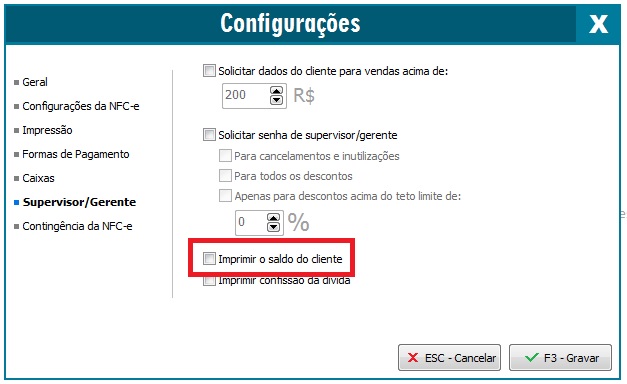 Opção Imprimir o saldo do Cliente na guia Supervisor/Gerente Opção Imprimir o saldo do Cliente