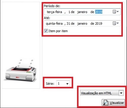 Tela de opções do relatório de Notas Fiscais de Serviço Opções do relatório de NFS-e