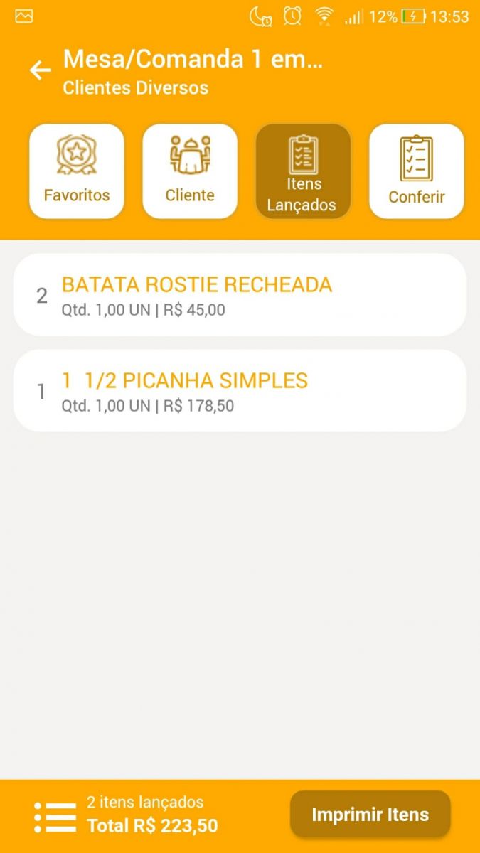 Aba Itens Lançados do pedido Aba Itens Lançados