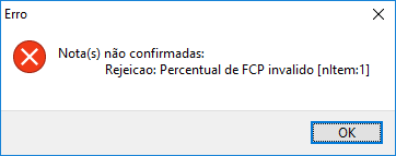 Mensagem de rejeição de Percentual de FCP inválido Rejeição Percentual de FCP inválido