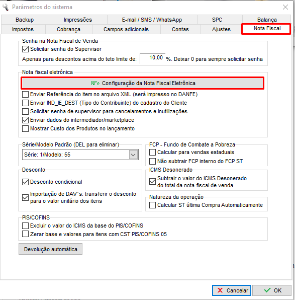 Botão Configuração da Nota Fiscal Eletrônica na aba Nota Fiscal Configuração da NF-e