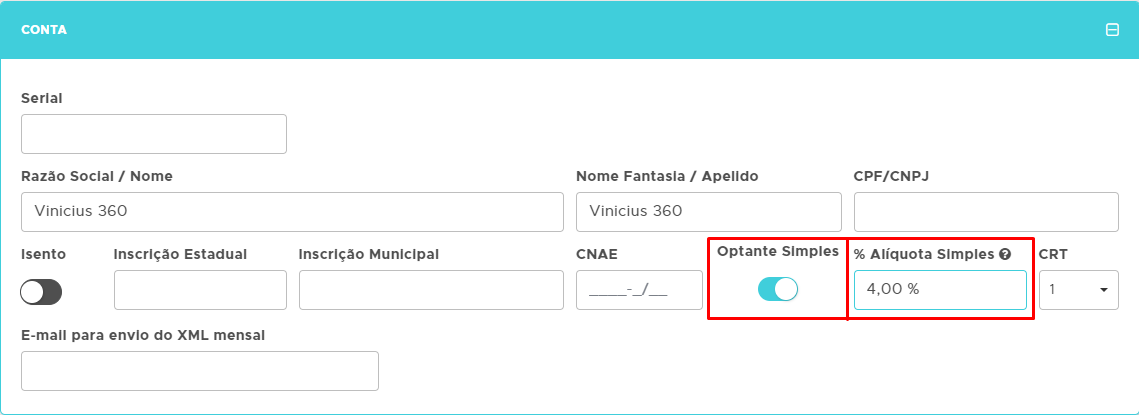 Marcando Optante Simples e informando a alíquota Optante Simples e alíquota