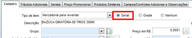 Cadastro do item da arma como Serial Item cadastrado como Serial