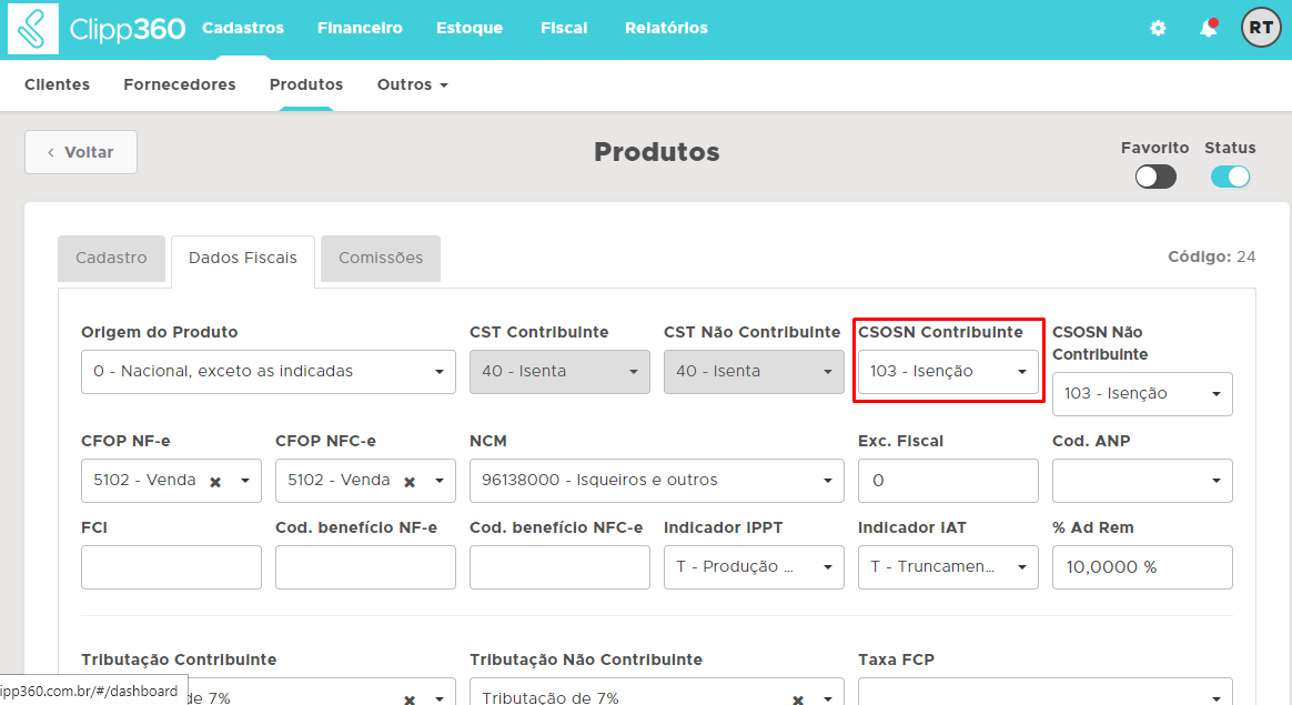 Preenchendo o CSOSN Contribuinte na aba Dados fiscais CSOSN Contribuinte do produto