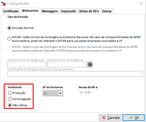 Seleção do ambiente Produção na aba Webservice Ambiente Produção
