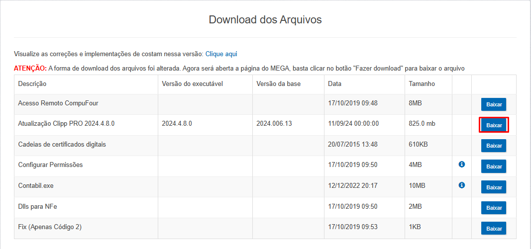 Opção para baixar a atualização Baixar atualização
