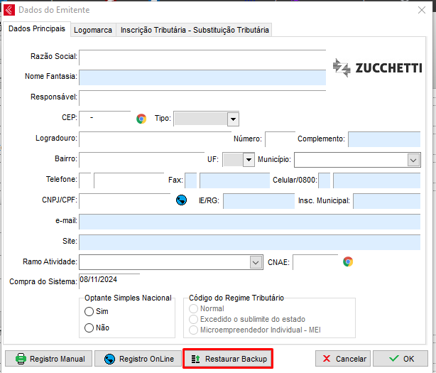 Opção Restaurar Backup na tela de cadastro do emitente Opção Restaurar Backup