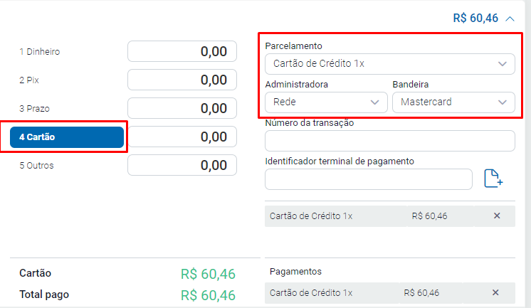 Forma de pagamento Cartão com parcelamento e administradora Forma de pagamento Cartão