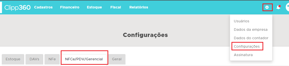 Acesso às Configurações NFCe/PDV/Gerencial Configurações NFCe/PDV/Gerencial