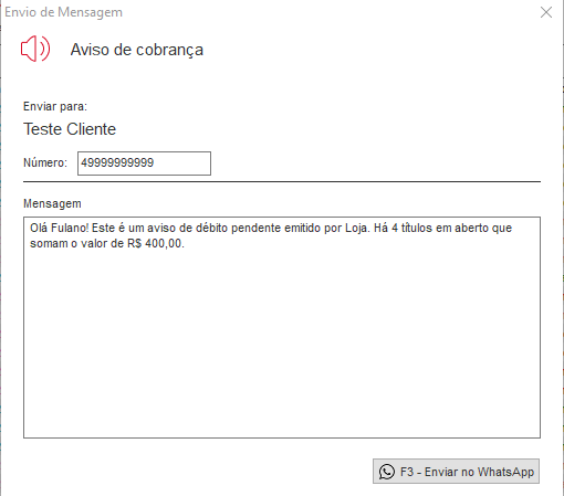 Caixa de envio da cobrança por WhatsApp com texto pré-configurado Caixa de envio da cobrança