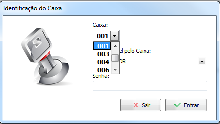 Seleção do caixa e do responsável na abertura do programa Seleção do caixa na abertura