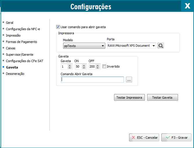 Configuração da gaveta