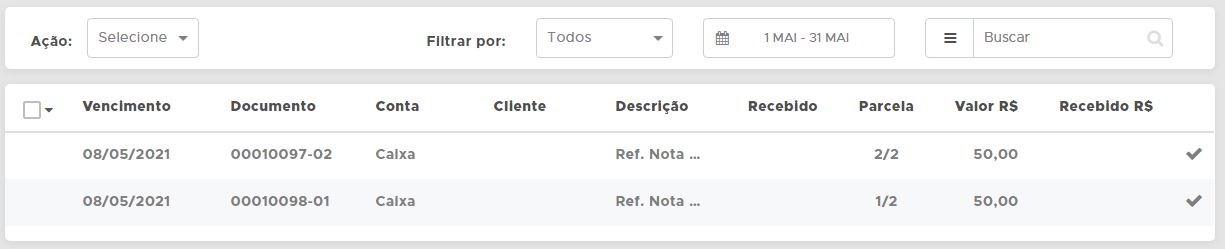 Parcelas pendentes em Financeiro - Receitas