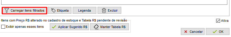 Opção Carregar itens filtrados na tabela de preços Carregar itens filtrados
