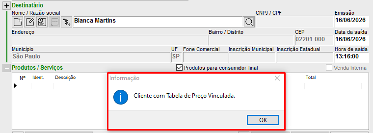 Aviso de cliente com tabela de preços vinculada na NF-e Cliente com tabela vinculada na NF-e