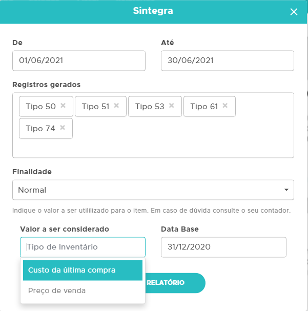 Definição de período, registros e finalidade do Sintegra Parâmetros do Sintegra