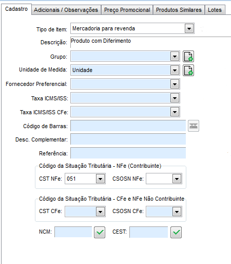 Cadastro do produto com CST 051 e Taxa ICMS em branco CST 051 no produto
