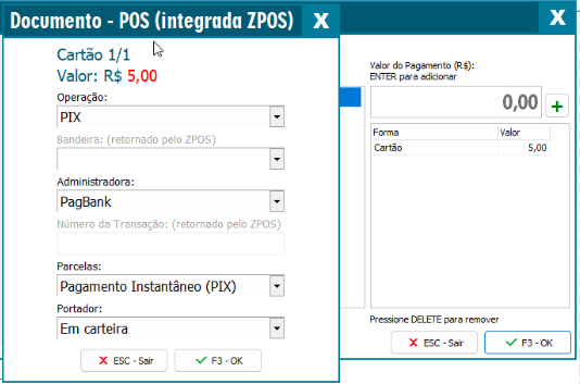 Seleção da operação PIX e administradora PagBank na venda Operação PIX PagBank