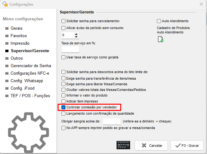 Opção Controlar Comissão por Vendedor nas configurações Controlar Comissão por Vendedor