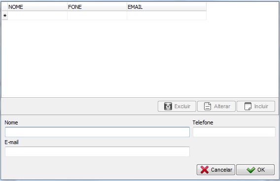 Tela para incluir contatos adicionais do cliente Tela de inclusão de contatos