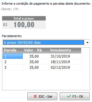 Seleção do parcelamento no Frente de Caixa Parcelamento no Frente de Caixa