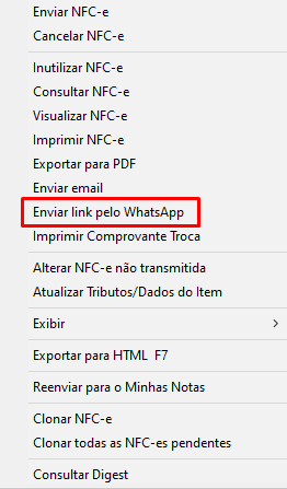 Opção Enviar link pelo WhatsApp na tela de caixa livre Enviar link da NFC-e pelo WhatsApp