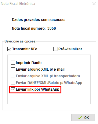 Tela de envio do link da NF-e por WhatsApp após a emissão Envio do link da NF-e