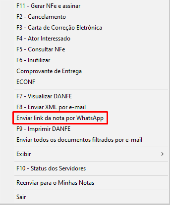 Opção Enviar link da nota por WhatsApp no Gerenciador de NF-e Enviar link da NF-e no Gerenciador