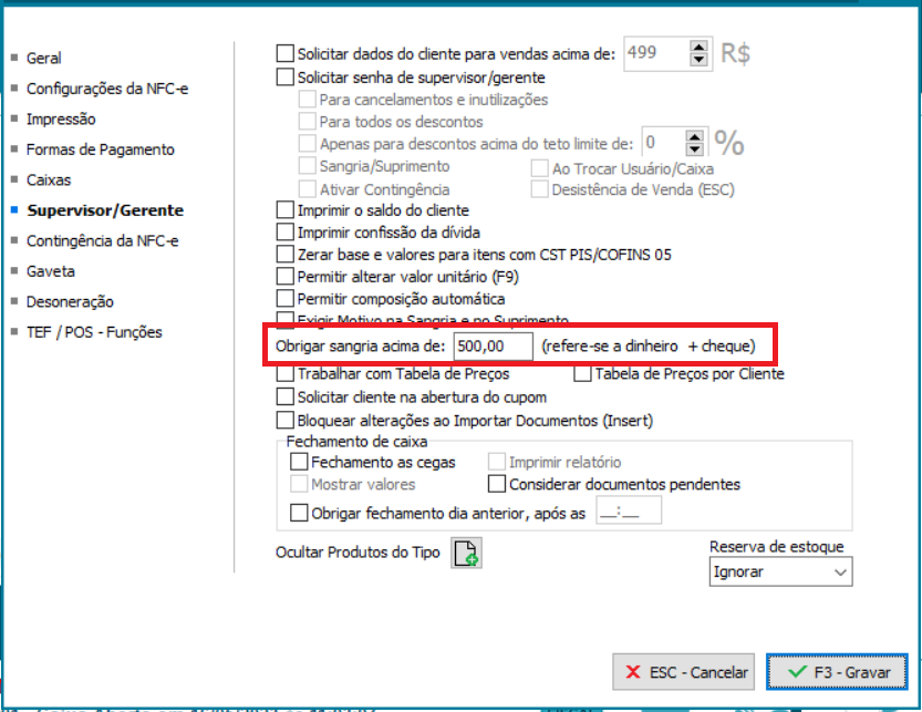 Campo para definir o valor que obriga a sangria em Supervisor/Gerente Campo para definir o valor que obriga a sangria em Supervisor/Gerente