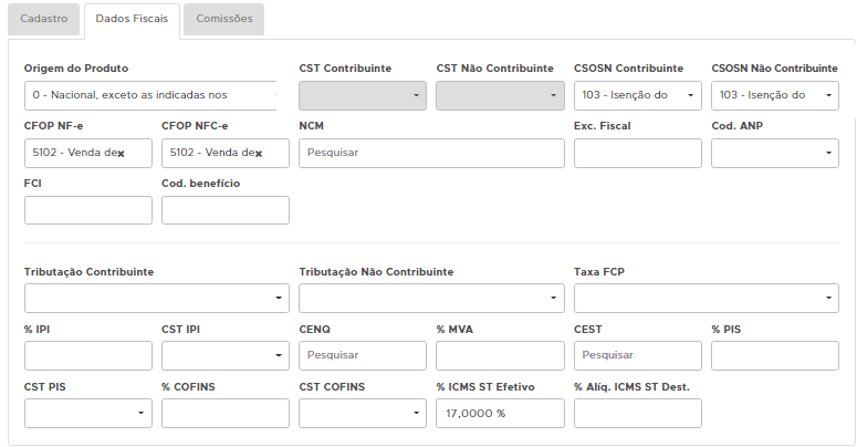 Campos da aba Dados Fiscais do produto Aba Dados Fiscais do produto