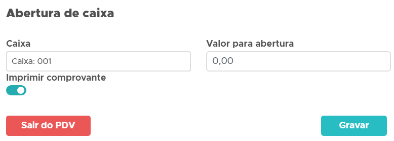 Tela de abertura do caixa com as informações solicitadas Abertura do caixa