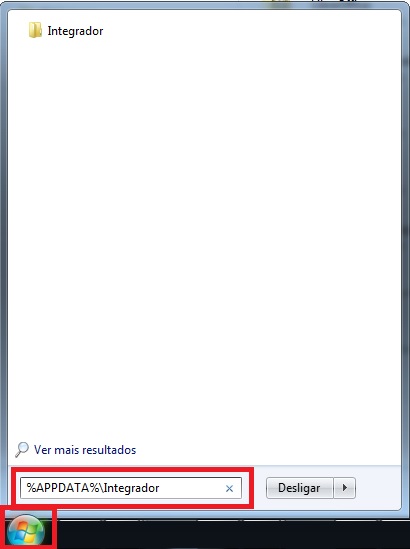 Caminho %APPDATA%\Integrador no menu Iniciar Caminho da pasta Integrador