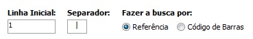 Opções de Linha Inicial, Separador e busca por referência ou código de barras Opções da importação