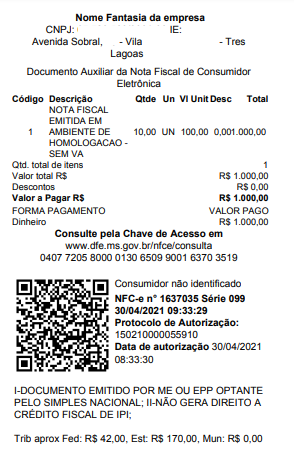 Cupom da venda impresso após finalizar Cupom da venda impresso