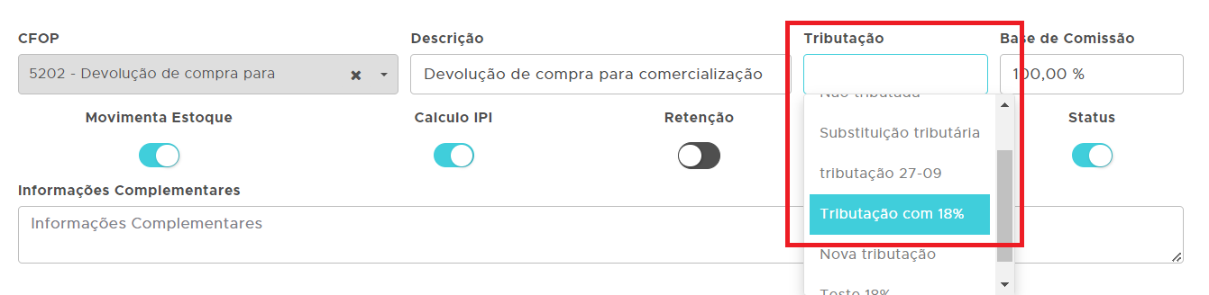 Definição da tributação na natureza (CFOP) Tributação na natureza (CFOP)