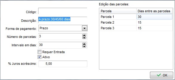 Campos do cadastro de parcelamento Campos do parcelamento