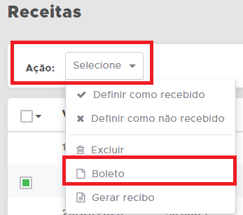 Ação Boleto para a conta selecionada Ação Boleto
