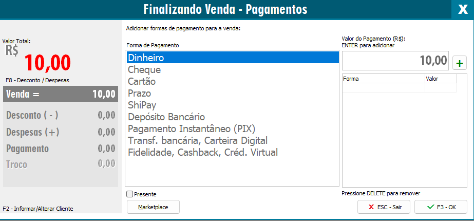 Aba de formas de pagamento na venda NFC-e do ClippPRO Formas de pagamento na NFC-e