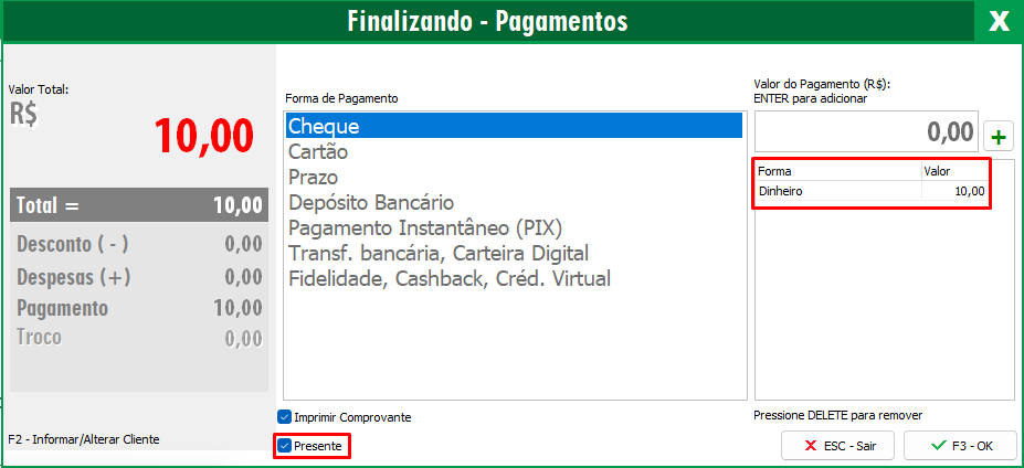Opção Presente marcada nos documentos gerenciais Opção Presente nos documentos gerenciais