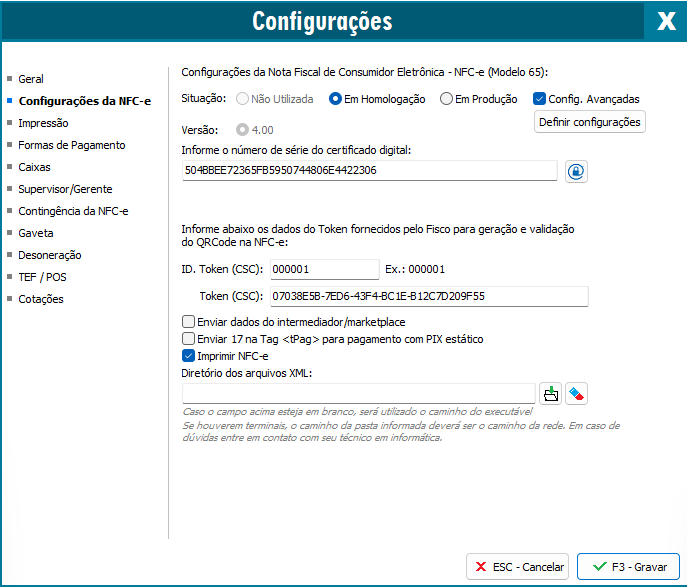 Guia Configurações da NFC-e Configurações da NFC-e