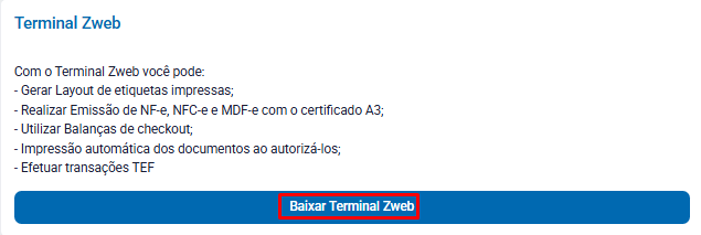 Aba Integrador / Terminal ZWEB com a opção Baixar Terminal ZWeb Opção Baixar Terminal ZWeb