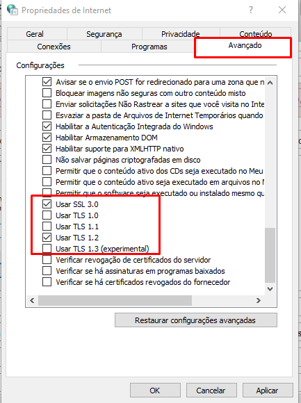 Opções de TLS e SSL