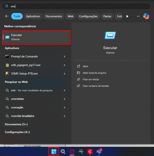 Abrindo o aplicativo Executar pelo menu Iniciar Aplicativo Executar