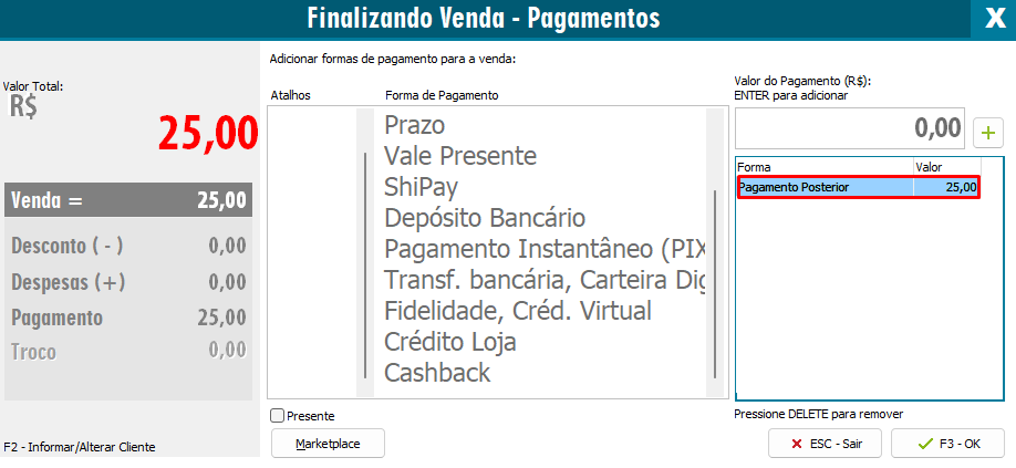 Selecao da forma de pagamento Pagamento Posterior com cliente na NFC-e Selecionar Pagamento Posterior na NFC-e