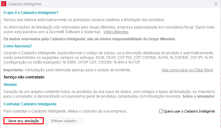 Tela de informacoes do IMendes no Cadastro Inteligente Tela do IMendes