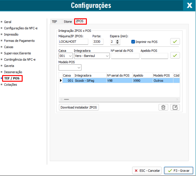 Tela de configuração do ZPOS no NFC-e Tela de configuração do ZPOS no NFC-e