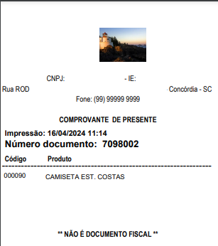 Exemplo de impressão de um Comprovante de Presente Exemplo de Comprovante de Presente impresso