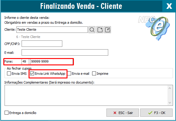 Opção Envia WhatsApp na tela de informação do cliente da NFC-e Envia WhatsApp na NFC-e