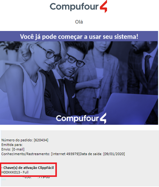 E-mail de boas-vindas com a chave de ativação do ZetaWeb E-mail com a chave de ativação