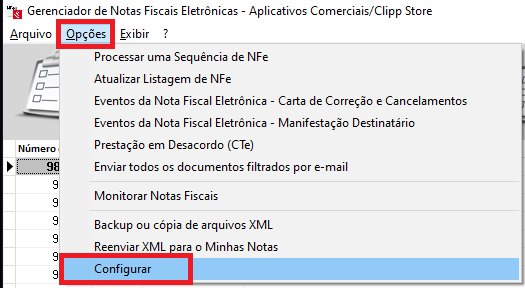 Opção Configurar no Gerenciador de NFe Opções Configurar